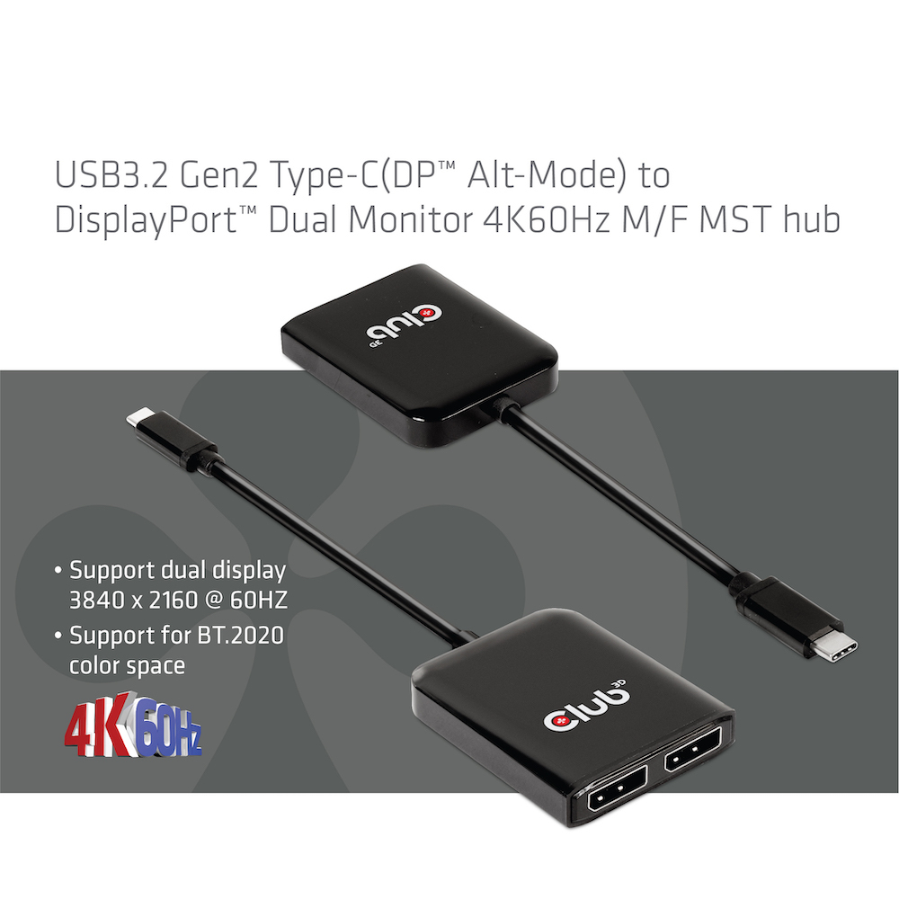 Schwarzer USB-C zu Dual DisplayPort Hub mit Kabel und Anschlüssen.