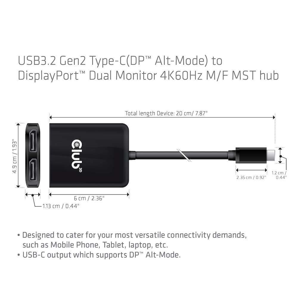 Ein schwarzer USB-C-Adapter mit Maßen und dem Club 3D Logo.