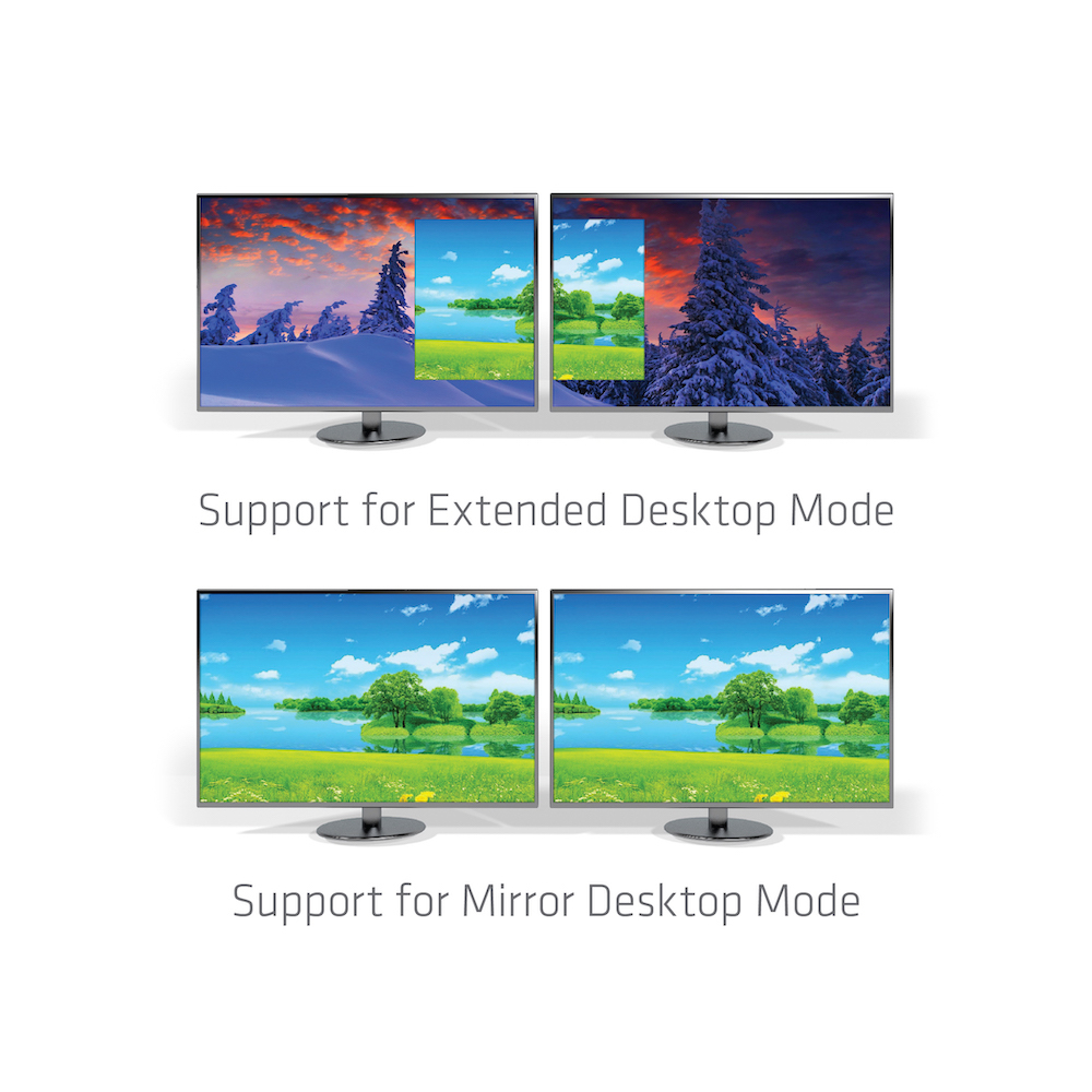 Zwei Monitor-Setups: Oben zeigt erweiterte Desktop-Ansicht, unten Spiegel-Desktop.