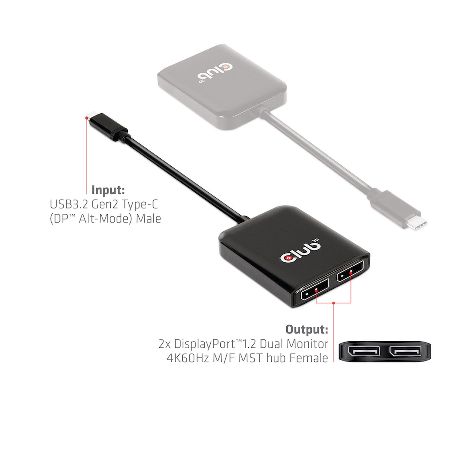 Ein schwarzer USB-C-zu-Dual-DisplayPort-Adapter mit Beschriftungen.