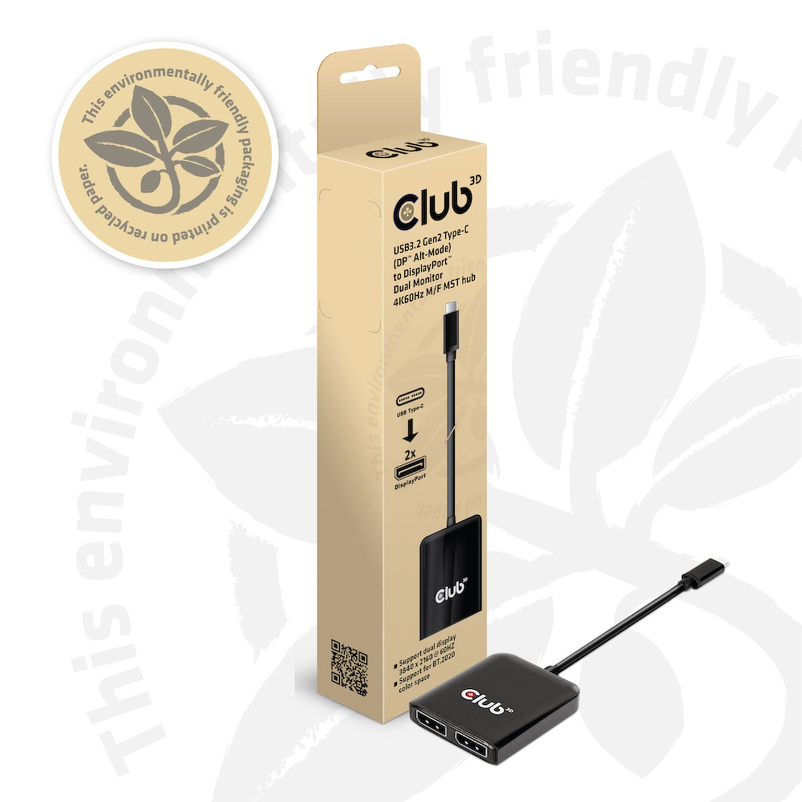 Club 3D USB-C zu 2x DisplayPort Adapter mit Kabel, für Dual Monitor 4K60Hz.