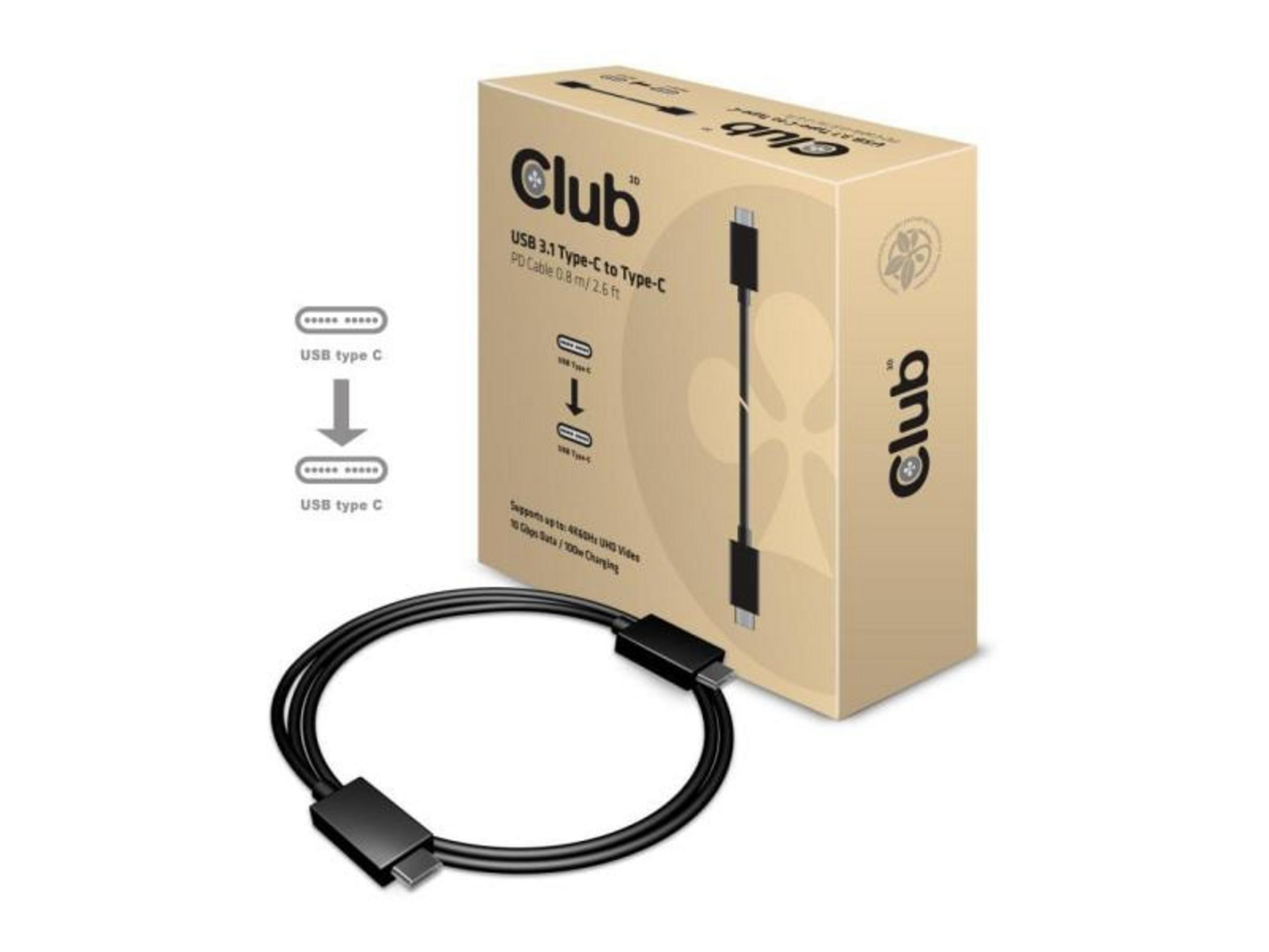 Club 3.1 USB-C-zu-USB-C-Kabel mit zwei Steckern auf weißem Hintergrund.