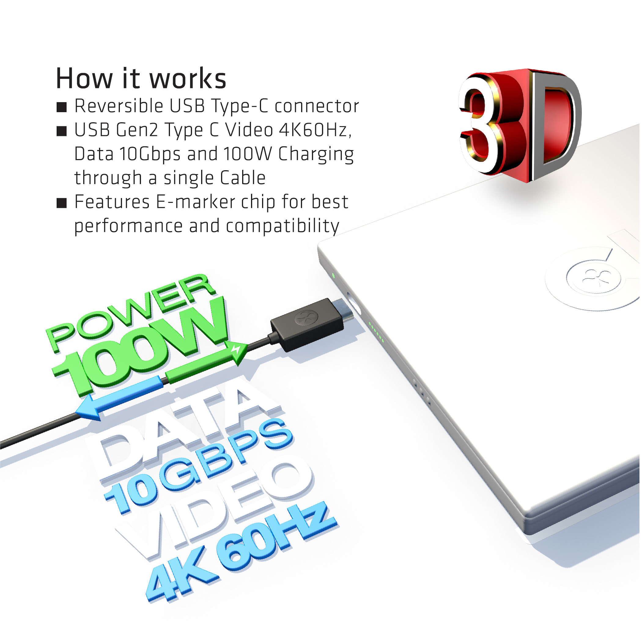 Ein USB-C-Kabel liefert 100W Strom, 10Gbps Daten und 4K60Hz Video.