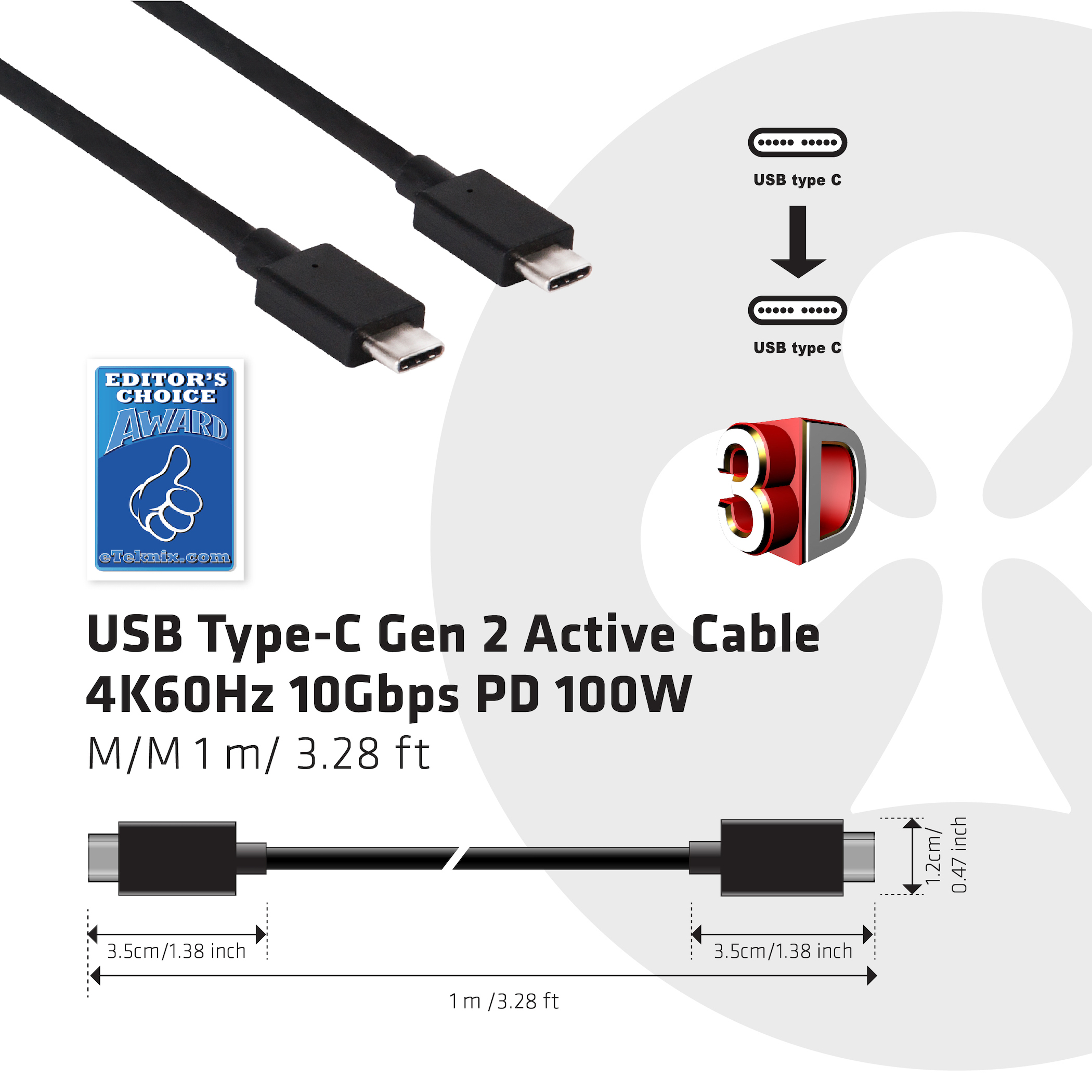 Ein schwarzes USB-C-Kabel mit Editor's Choice Award-Logo und Spezifikationen.