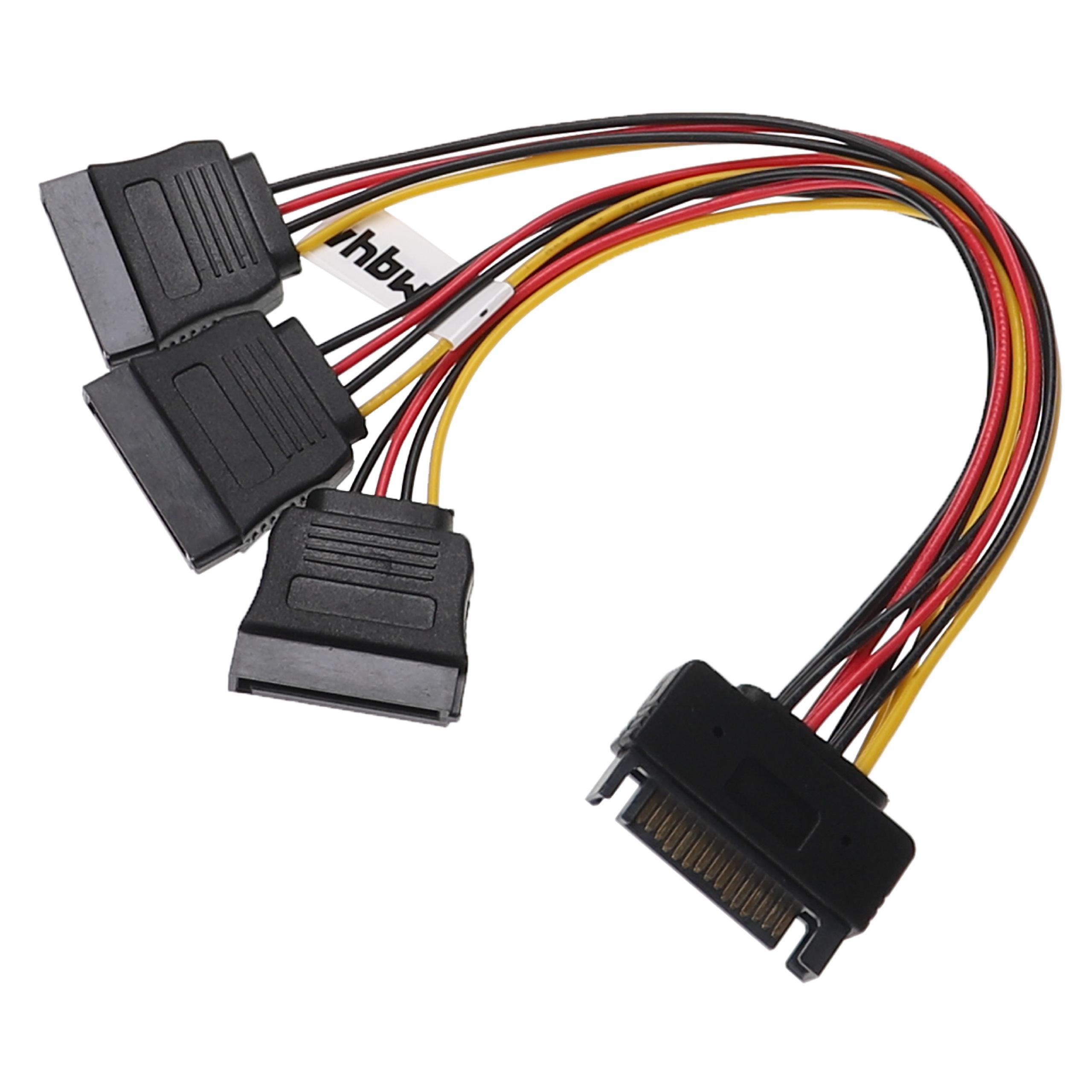 Ein schwarzes SATA-Stromkabel-Splitter mit drei Anschlüssen und drei Kabeln: Rot, Schwarz, Gelb.