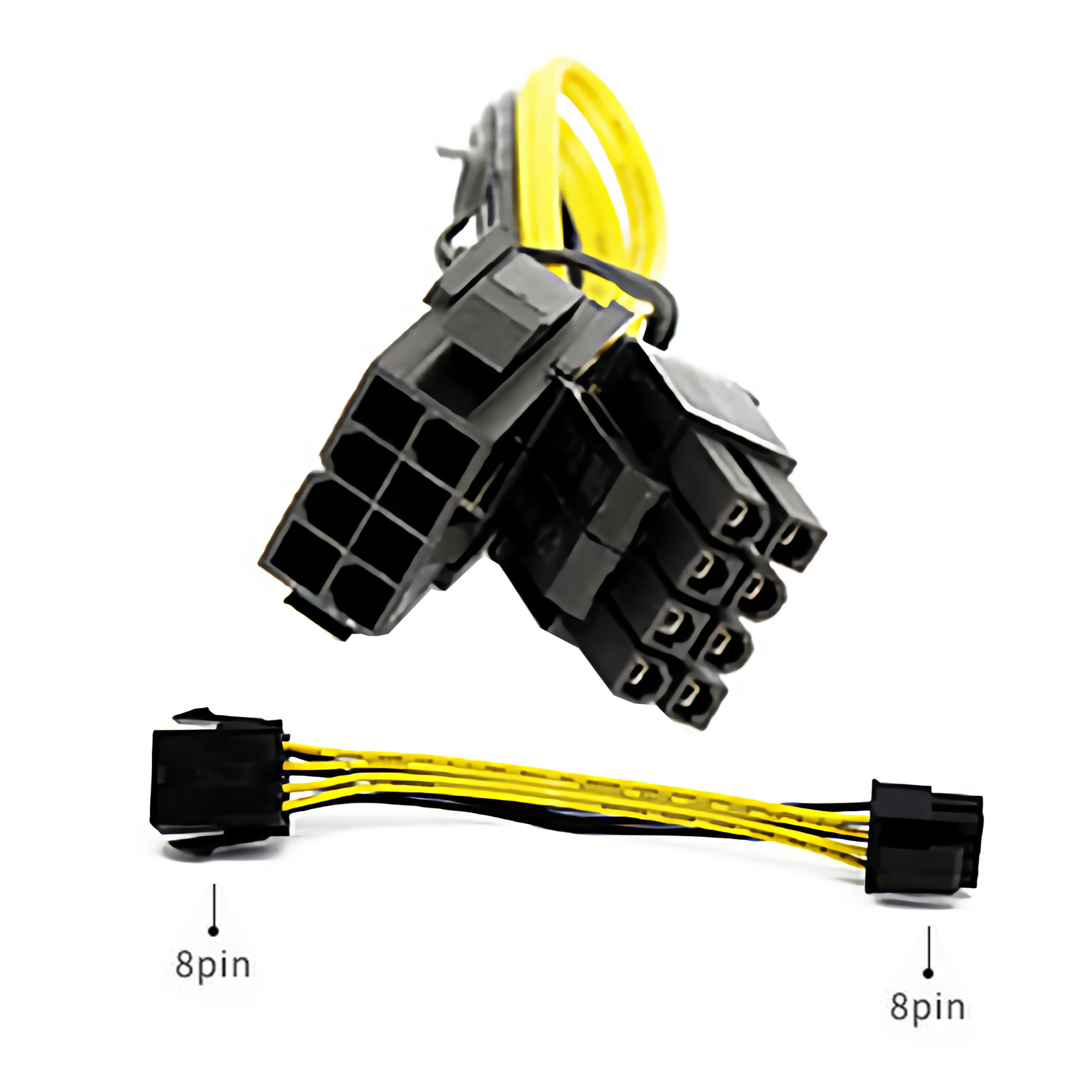 Zwei schwarze 8-Pin-Kabel mit gelben und schwarzen Drähten, weißer Hintergrund.