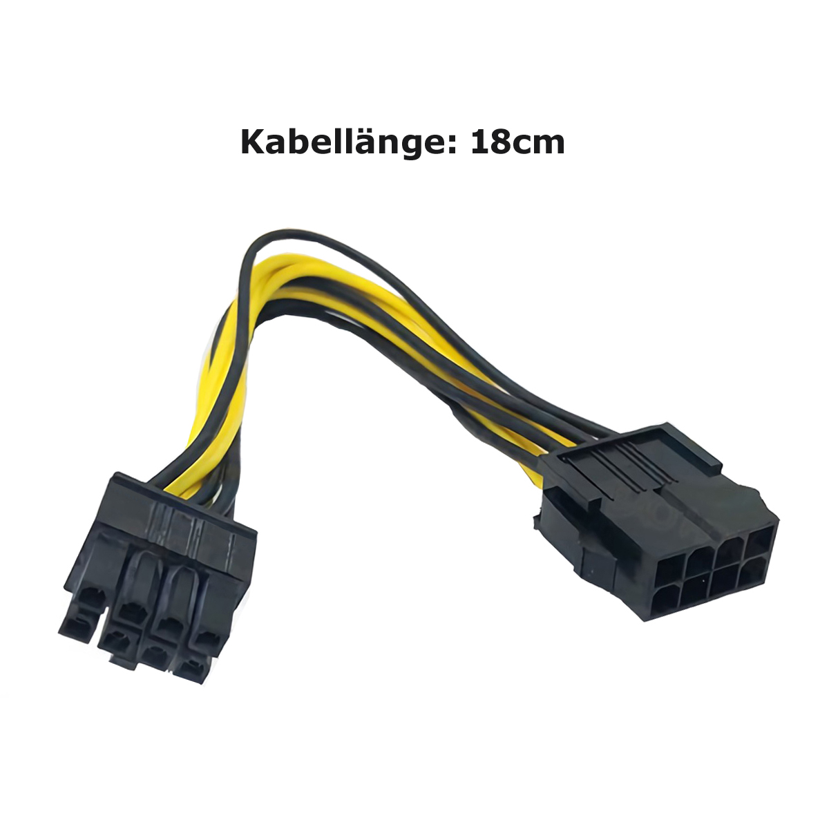 Ein schwarzes und gelbes Computer-Stromkabeladapter mit 4- und 8-poligen Steckern.