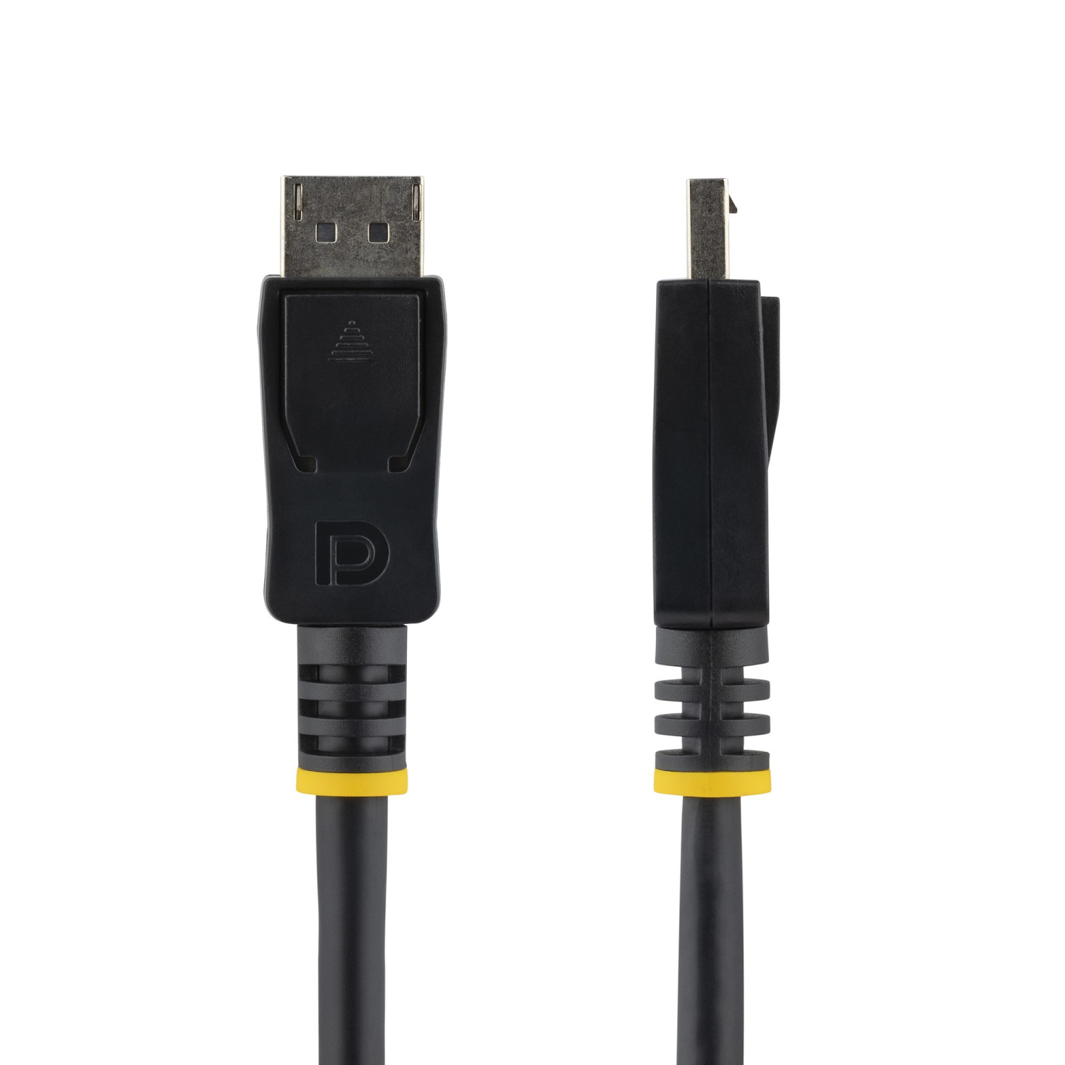 Ein schwarzes DisplayPort-Kabel mit einem silbernen Stecker und gelben Akzenten.