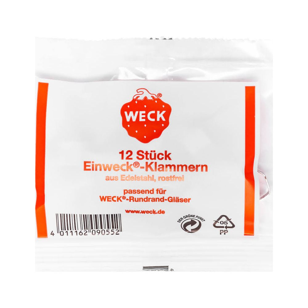 Verpackung mit 12 Weck Einweckklammern aus Edelstahl, rostfrei.