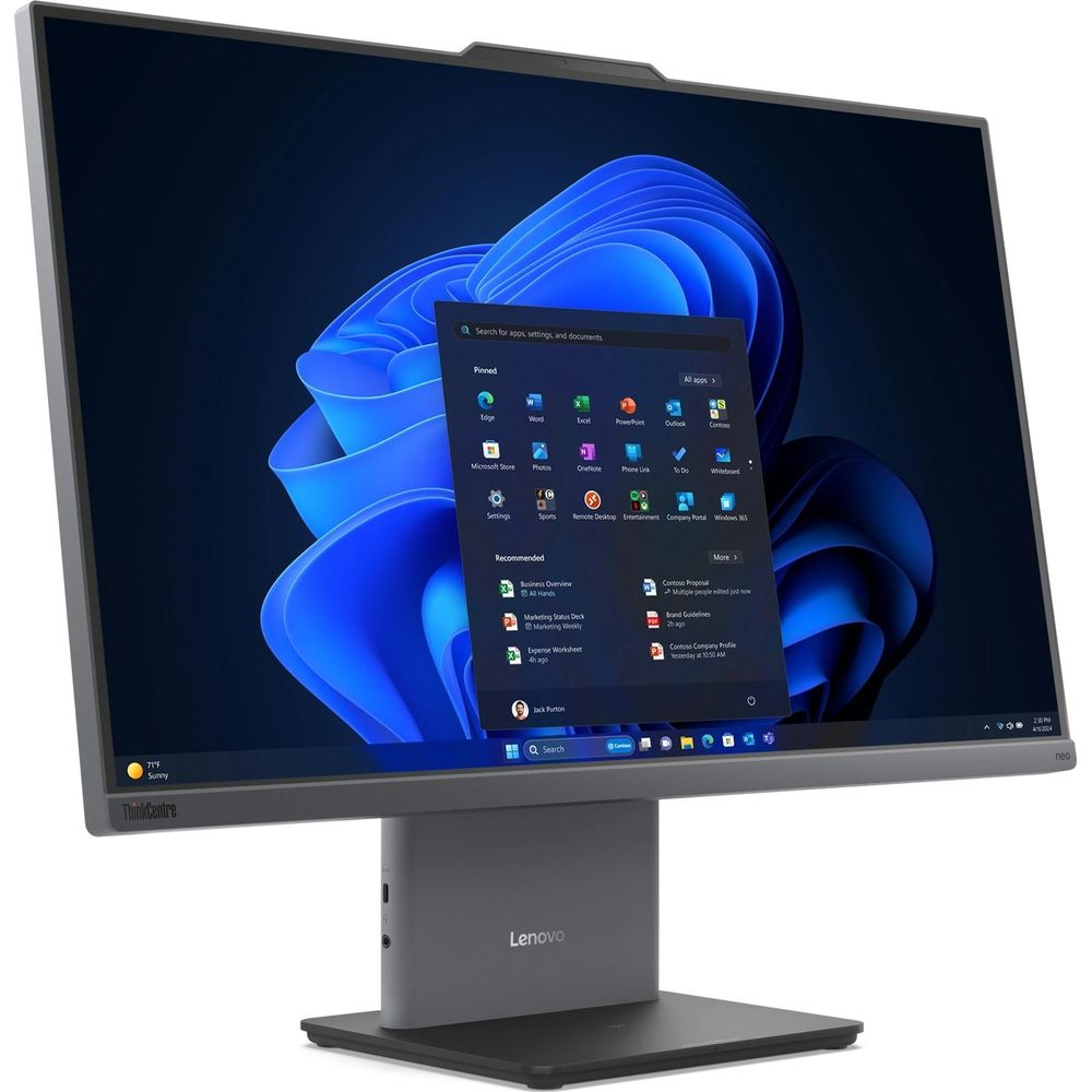 Viene visualizzato un moderno monitor Lenovo ThinkCentre con menu Start di Windows 11.