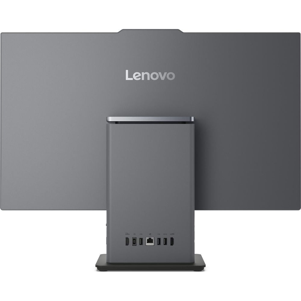 Vista posteriore di un computer all-in-one Lenovo grigio con porte.