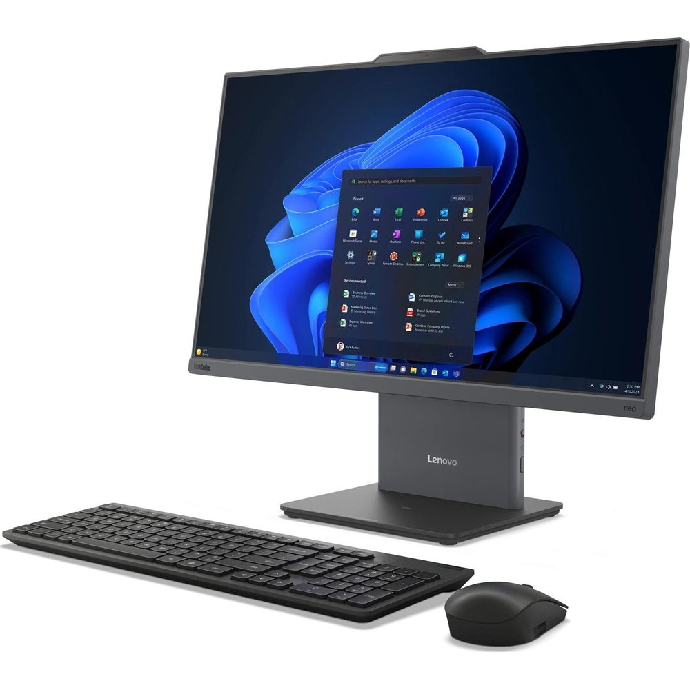 Un computer all-in-one Lenovo grigio scuro con tastiera e mouse su sfondo bianco.