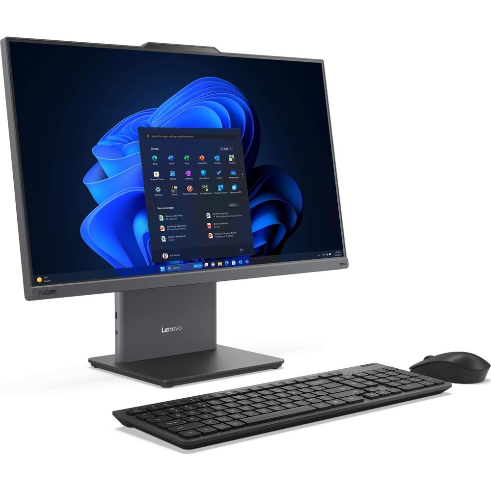 Un computer all-in-one Lenovo grigio con tastiera e mouse su sfondo bianco.