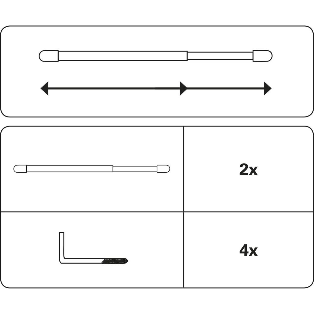 Illustration von zwei Teleskopstangen und einem L-förmigen Werkzeug mit Mengenangaben 2x und 4x.