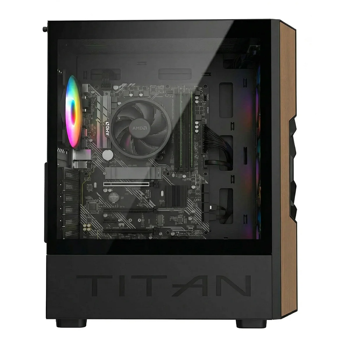 Caja de computadora abierta mostrando componentes internos, ventilador RGB y acento de veta de madera.