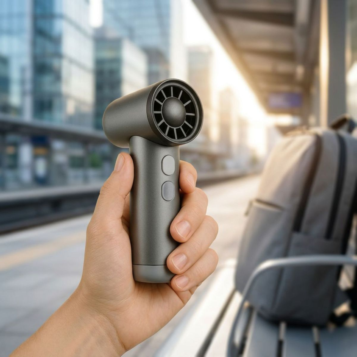 Una mano tiene un ventilatore portatile grigio davanti a una stazione ferroviaria con edifici sullo sfondo.