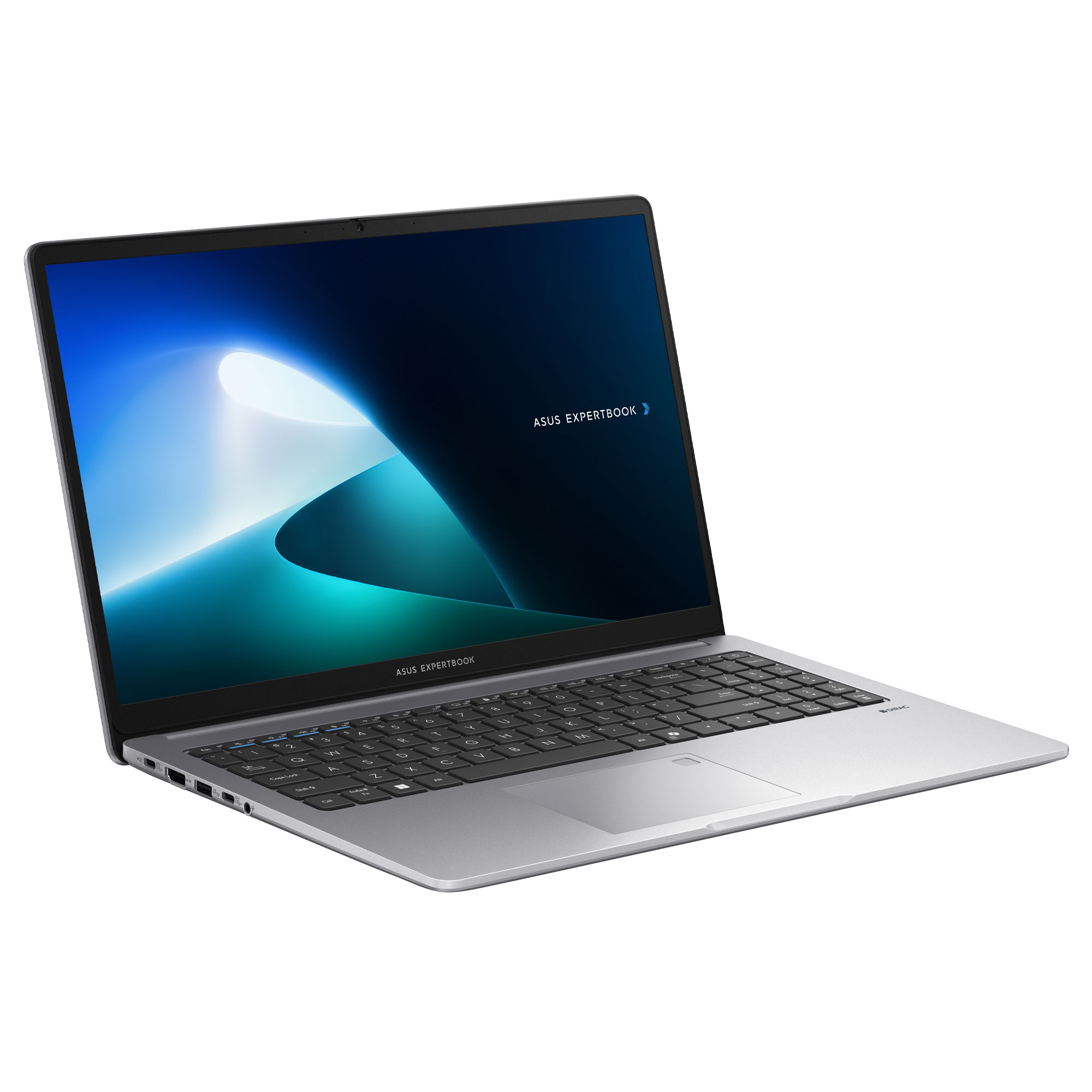 Gümüş rengi Asus ExpertBook dizüstü bilgisayar, arkadan aydınlatmalı klavye ve mavi duvar kağıdı.