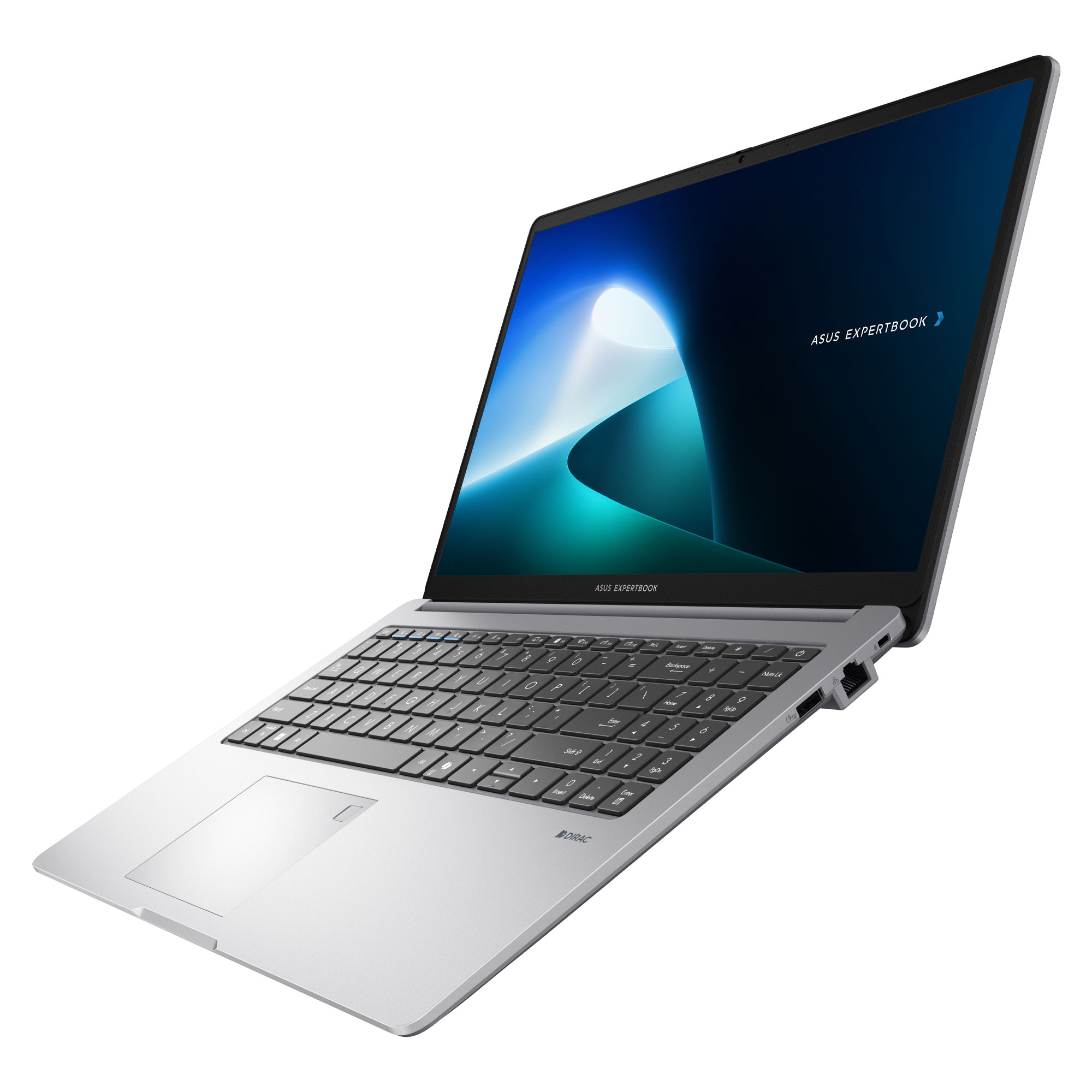 Işıklı ekranı ve klavyesi olan gümüş renkli Asus ExpertBook dizüstü bilgisayar.