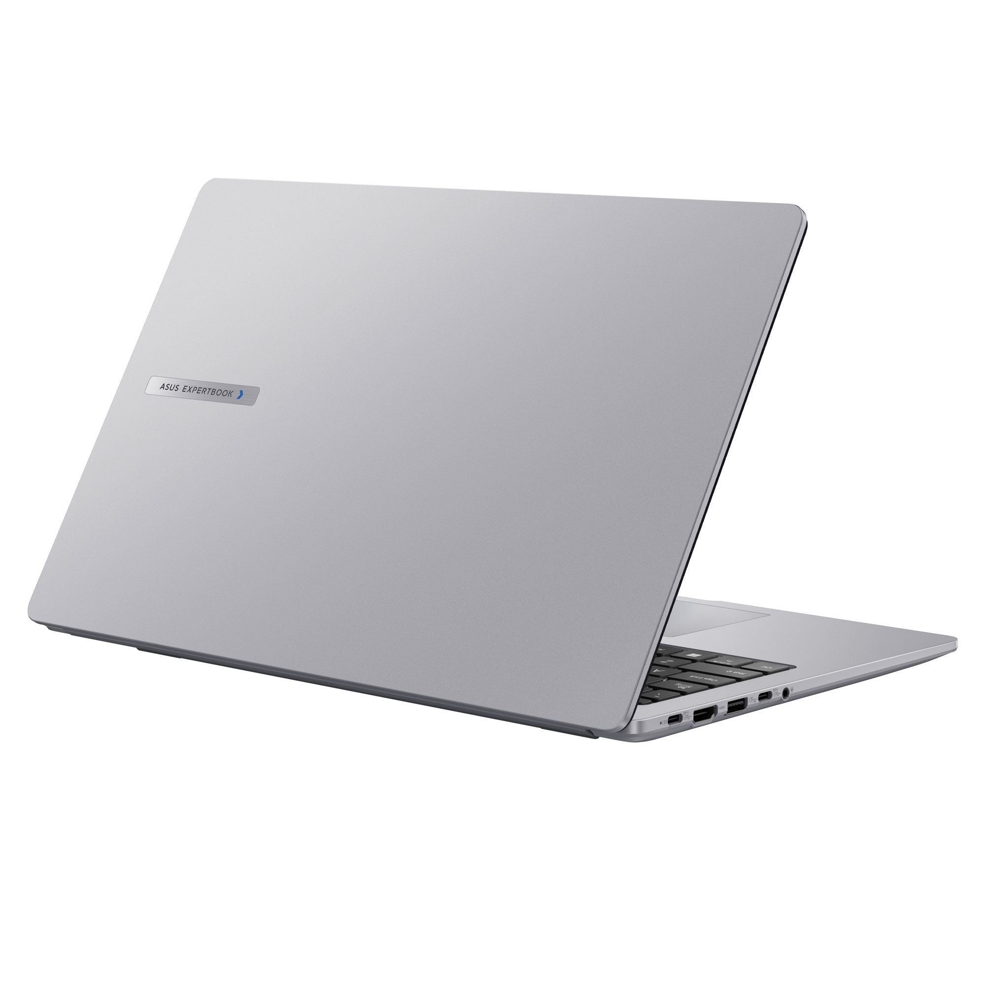 Gümüş renkli dizüstü bilgisayar, kapağında ASUS EXPERTBOOK logosu bulunur.