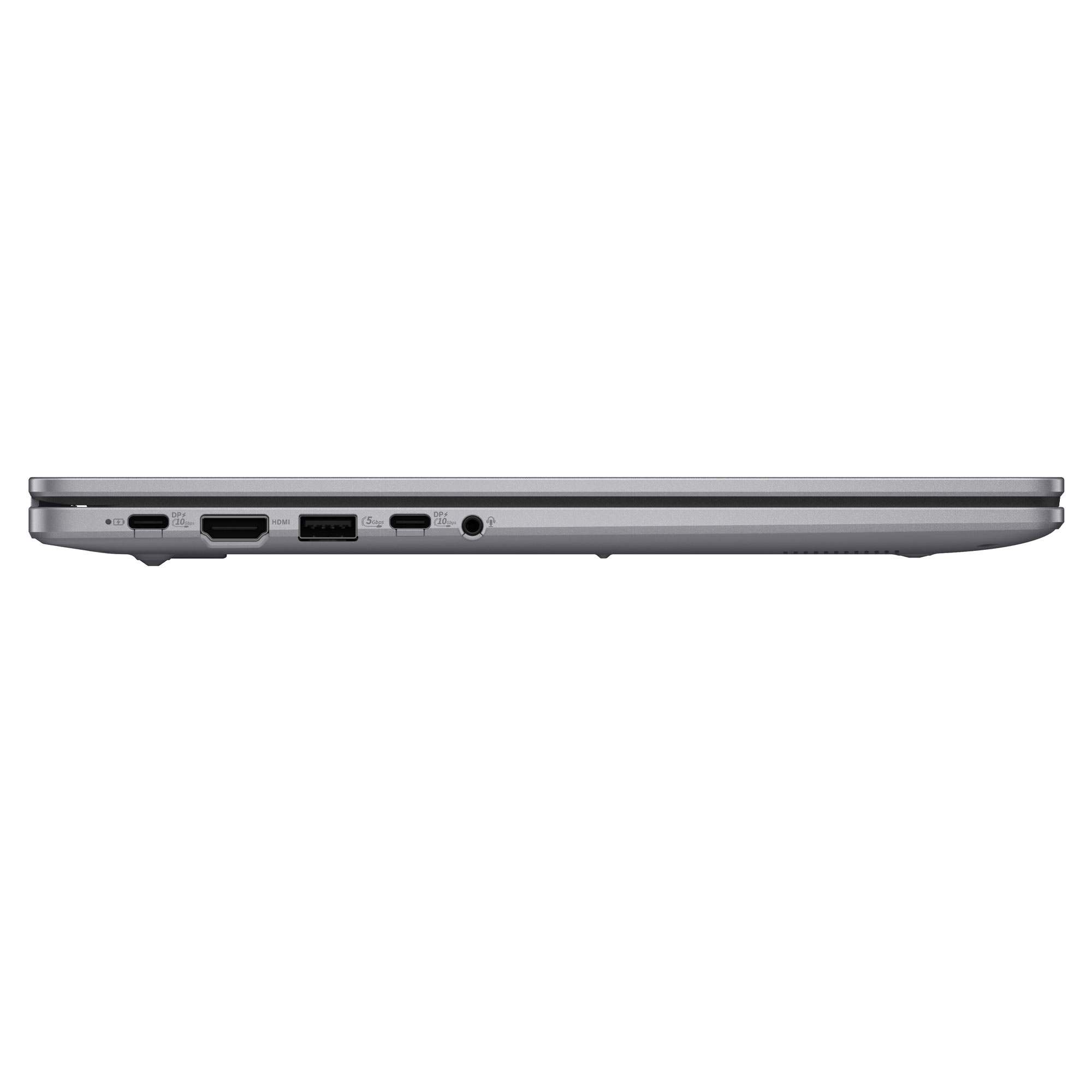 Dizüstü bilgisayarın yan tarafı, bağlantı noktaları: SD kart, USB-C, HDMI, USB-A, kulaklık.