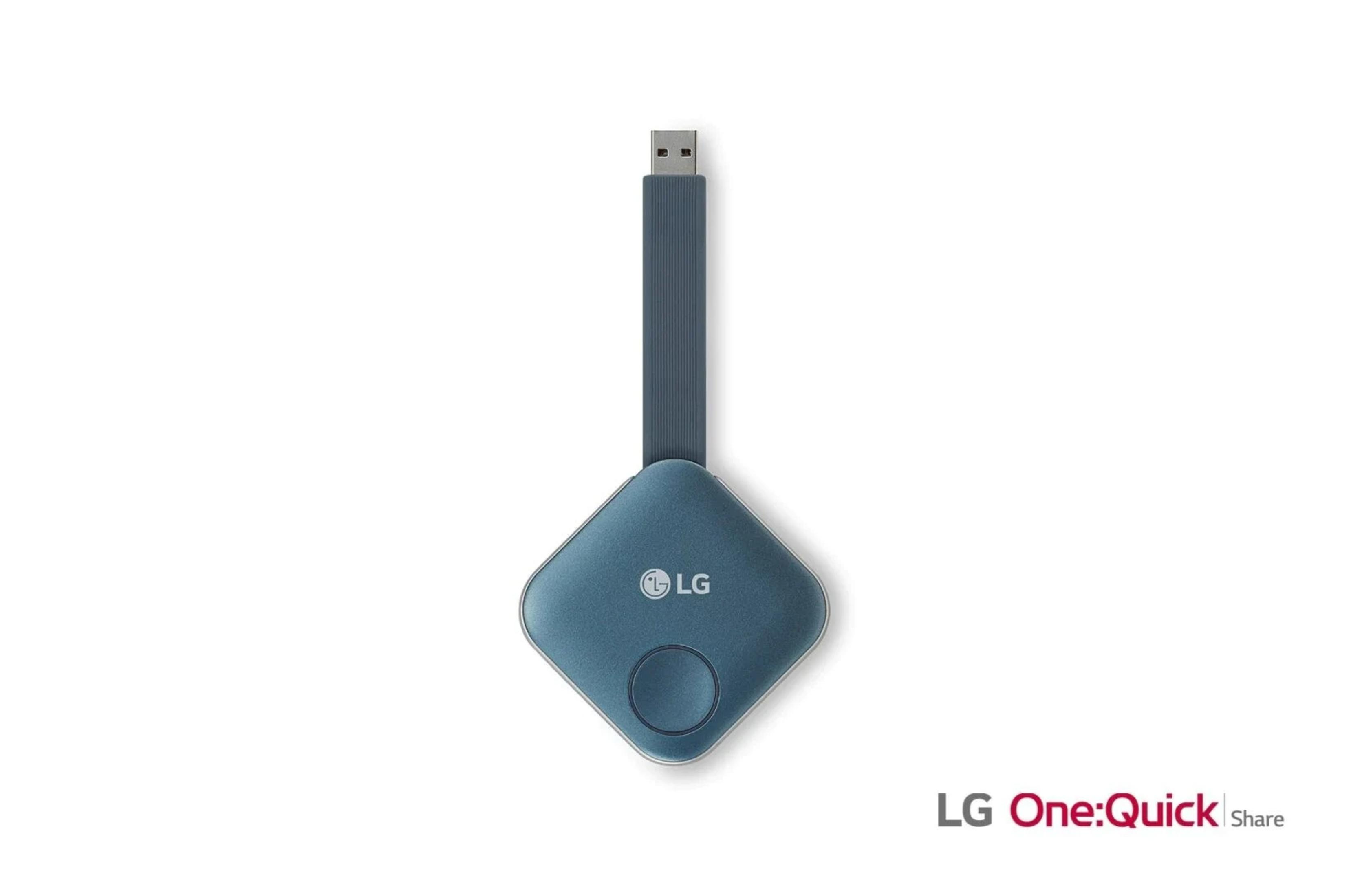 Un dongle USB blu con logo LG e un cerchio su sfondo bianco.