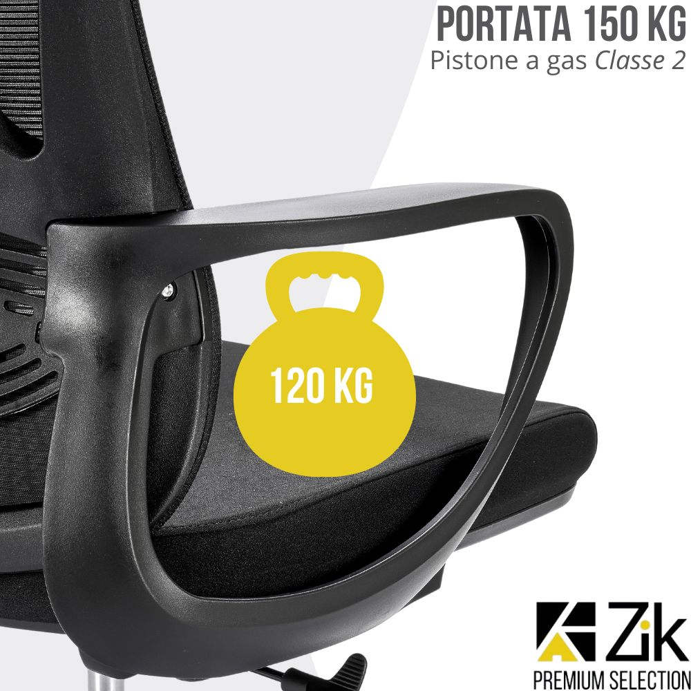 Una sedia da ufficio nera con cerchio giallo che indica 120 kg.