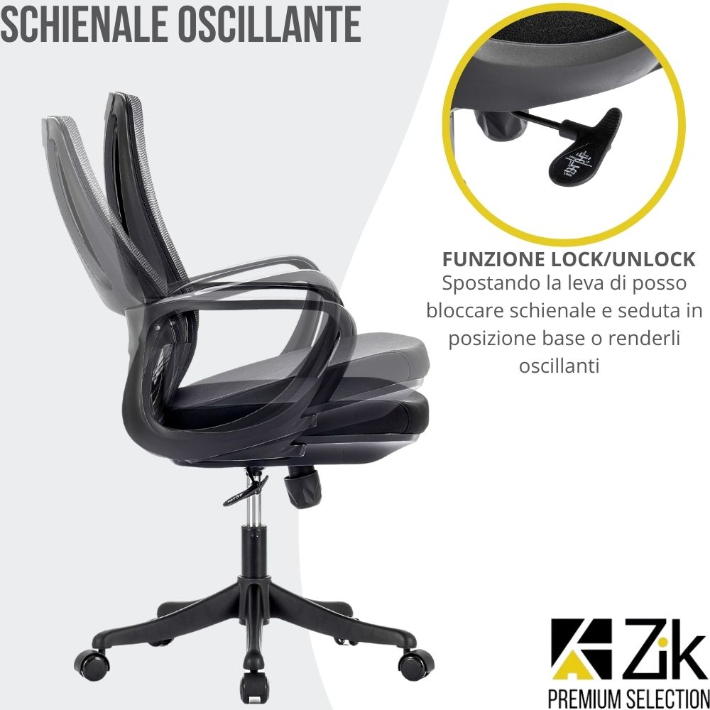 Sedia da ufficio nera con schienale in rete e inclinazione regolabile. Dettaglio leva.