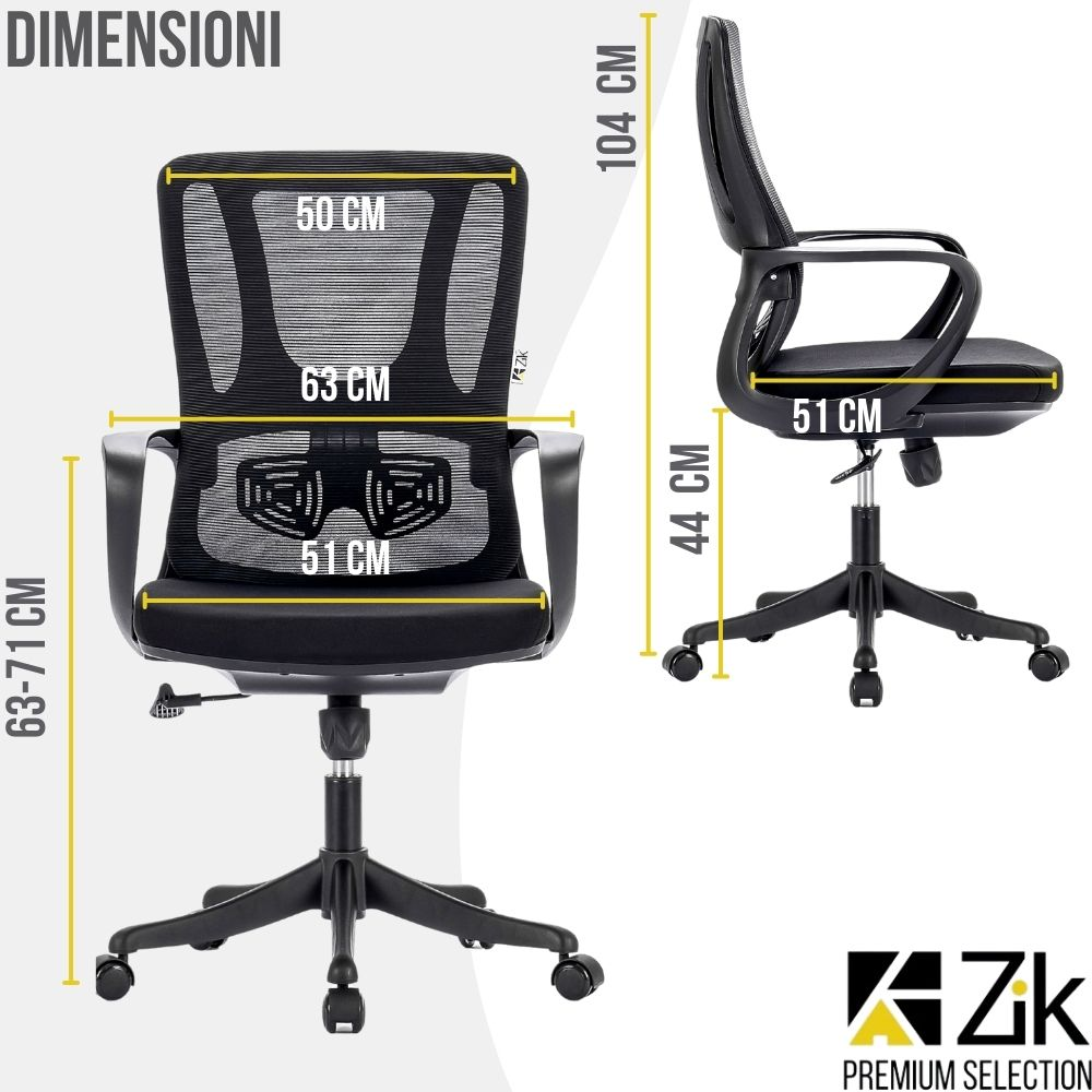 Sedia da ufficio nera con dimensioni e ruote. Altezza regolabile.