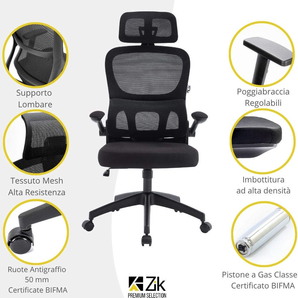 Sedia da ufficio ergonomica nera con poggiatesta e braccioli regolabili.