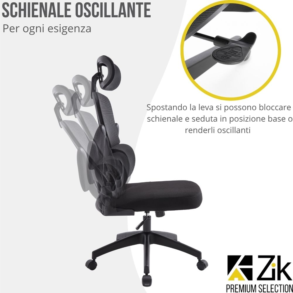 Sedia da ufficio nera con schienale regolabile, primo piano del meccanismo leva.