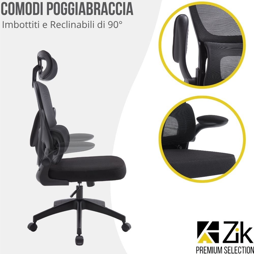 Sedia da ufficio ergonomica nera con poggiatesta e braccioli regolabili, vista laterale.