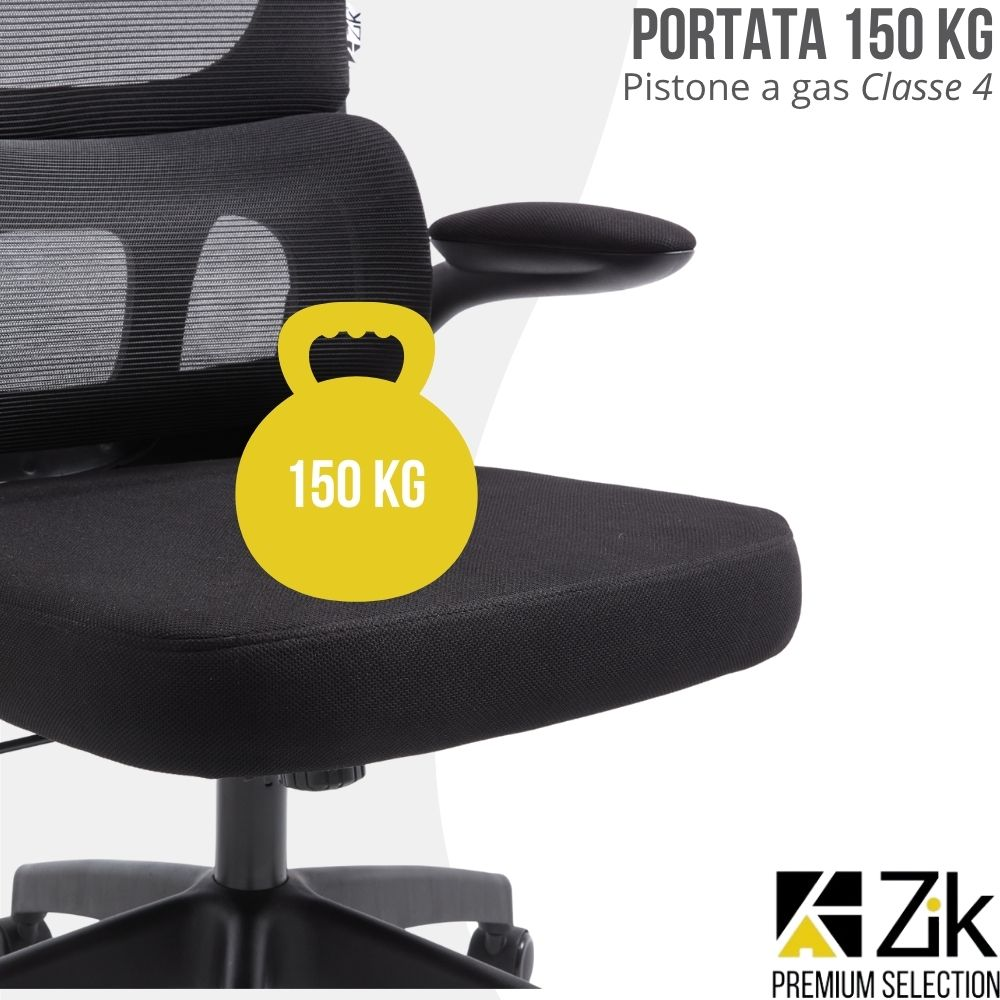 Sedia da ufficio nera con icona peso gialla da 150 KG.