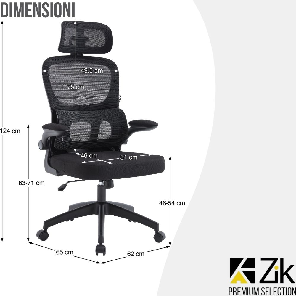 Viene mostrata una sedia da ufficio nera con dimensioni. Le misure vanno da 46 a 124 cm.