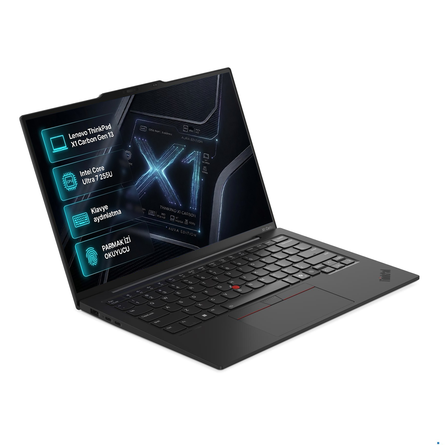 Açık siyah Lenovo ThinkPad X1 Carbon Gen 13 dizüstü bilgisayar, aydınlatmalı klavyeli.