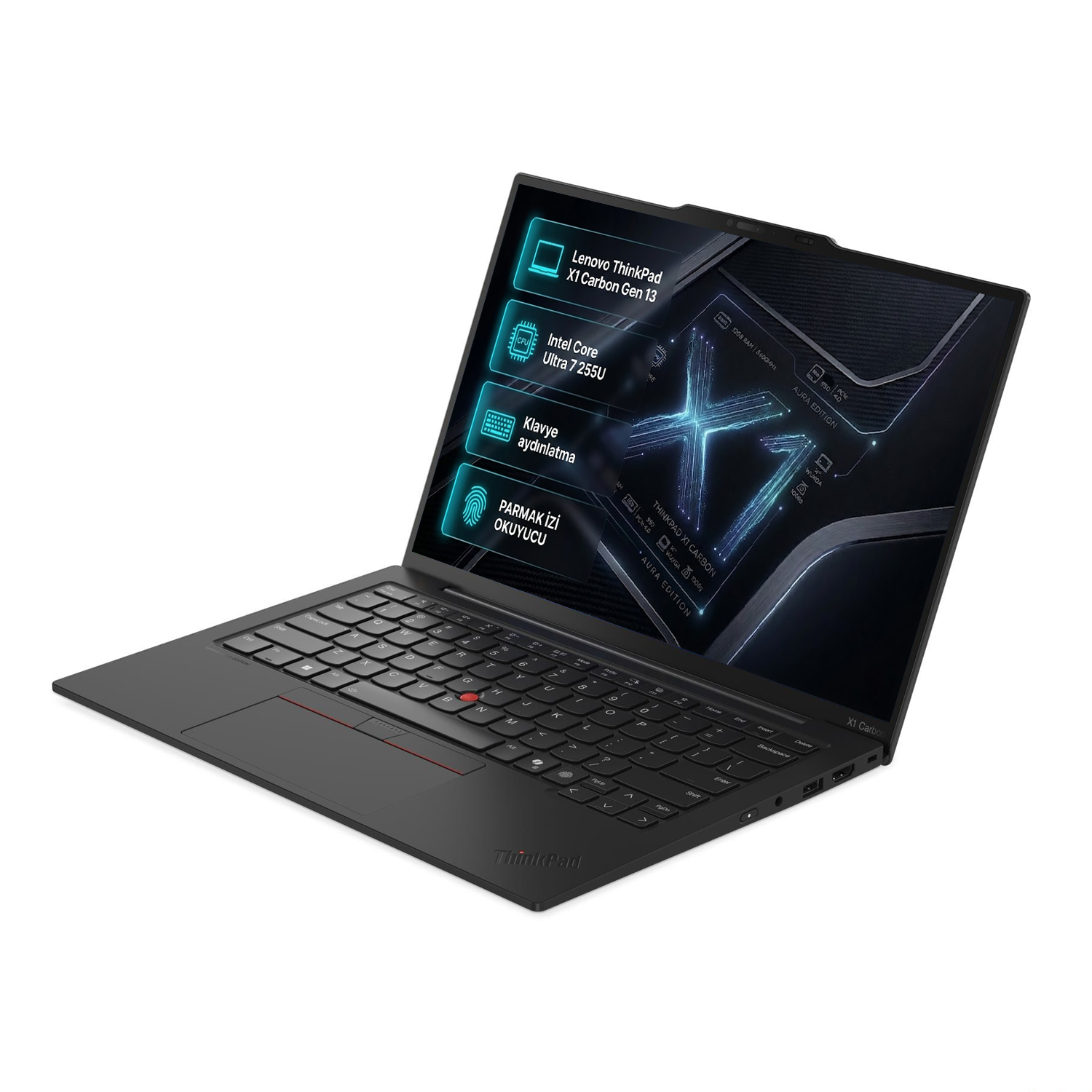 Işıklı klavyeli ve parmak izi okuyuculu siyah Lenovo ThinkPad X1 Carbon Gen 13 dizüstü bilgisayar.