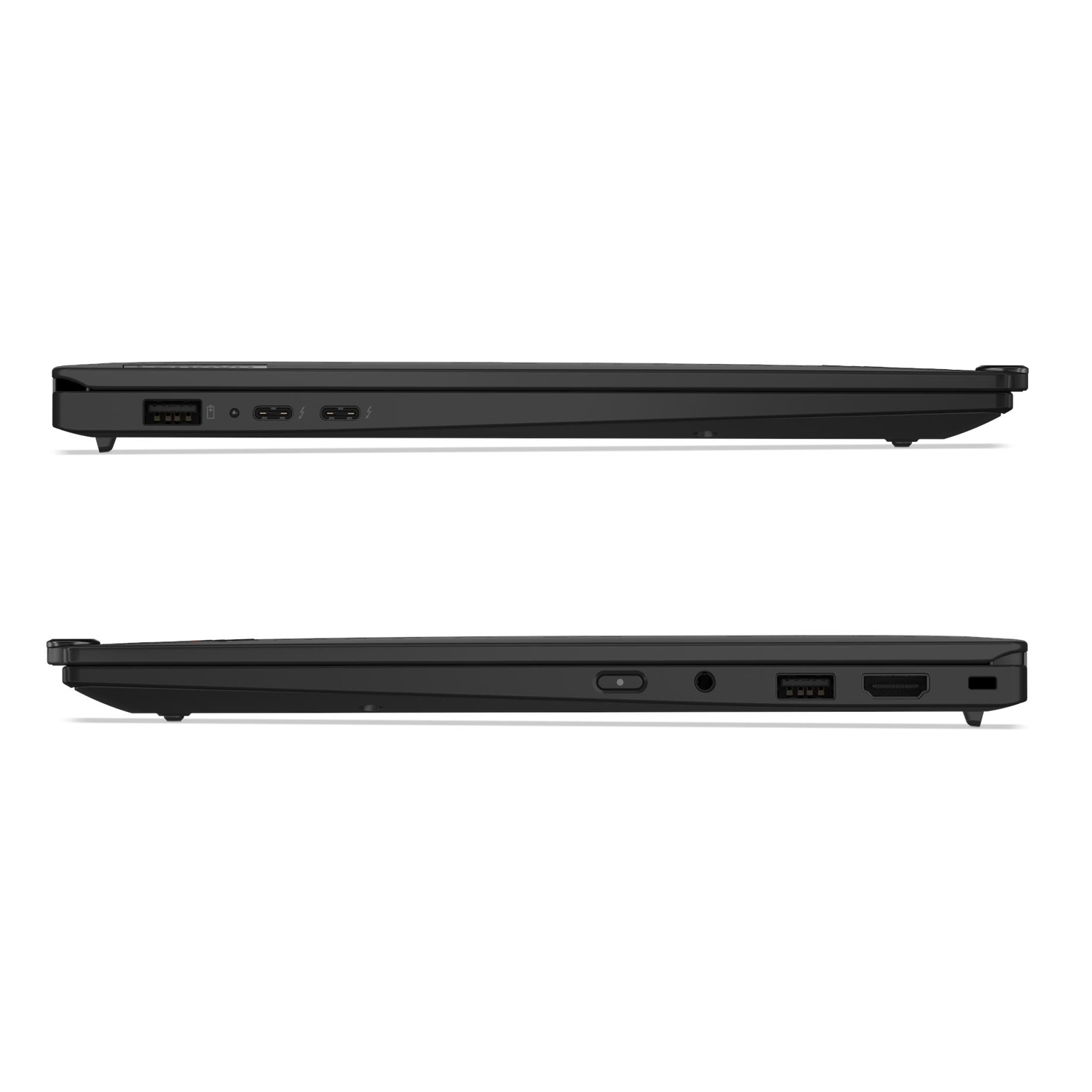 Siyah dizüstü bilgisayarın yan görünümü, portlar: USB-C, USB-A ve HDMI.