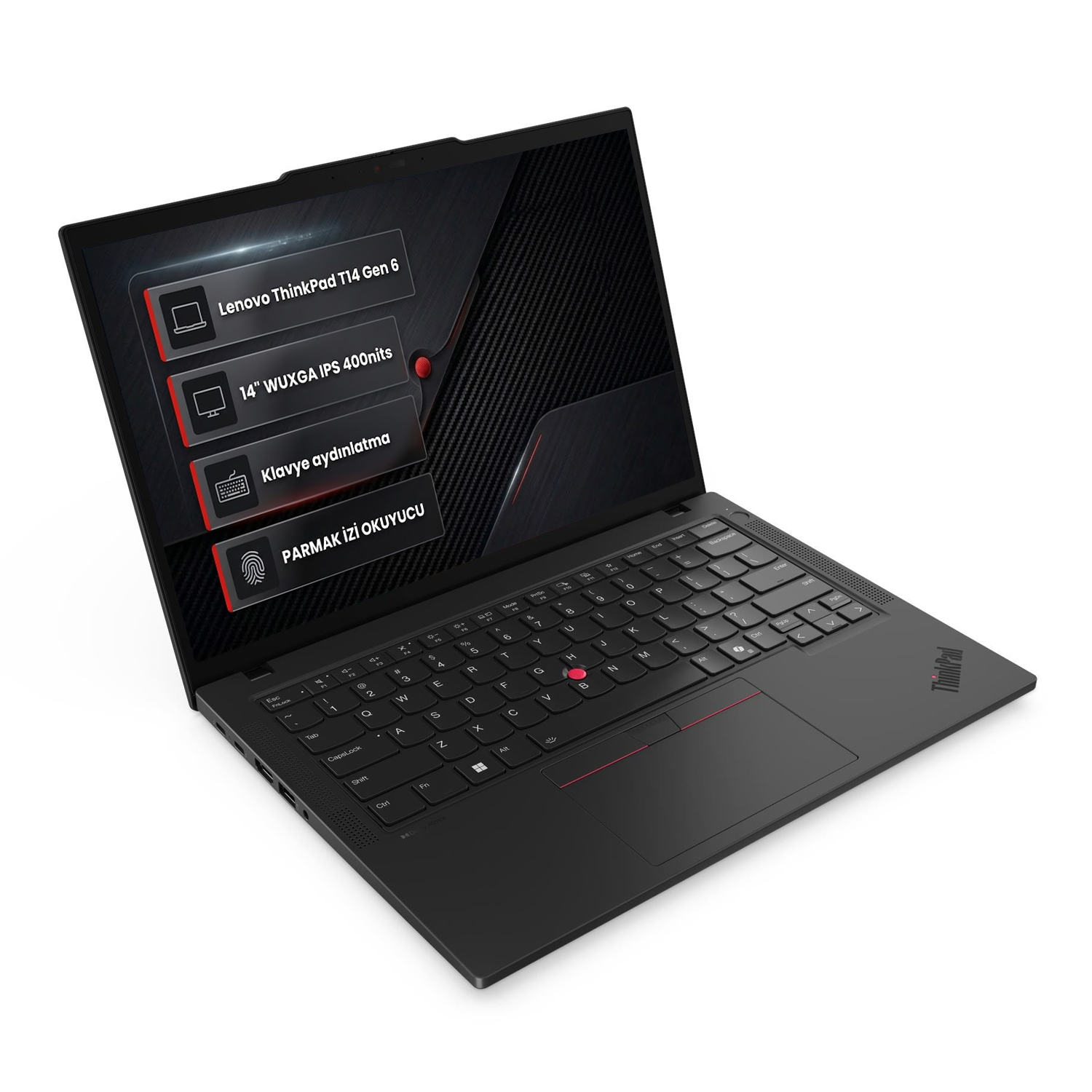 Arkadan aydınlatmalı klavyeli ve parmak izi okuyuculu siyah Lenovo ThinkPad T14 Gen 6 dizüstü.