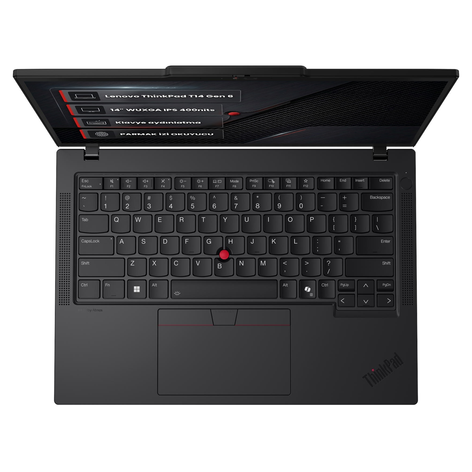 Açık siyah Lenovo ThinkPad dizüstü bilgisayar, klavye ve ekranı gösteriyor.