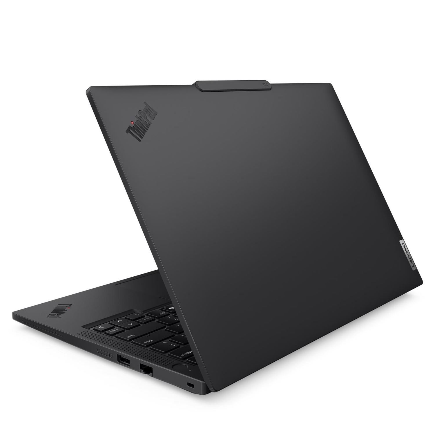 Açık siyah Lenovo ThinkPad dizüstü bilgisayar, klavye ve ekranı açılı gösteriyor.