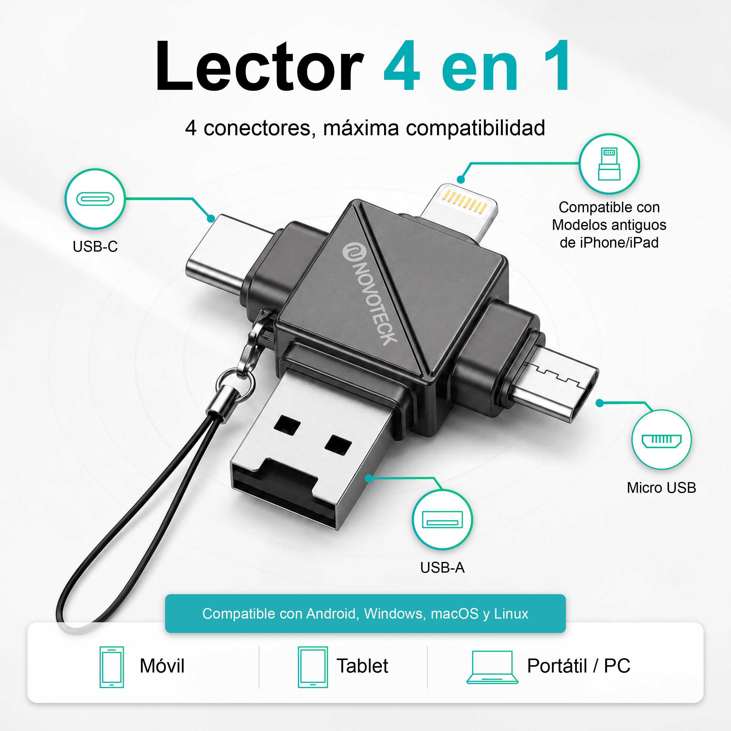 Un adaptador 4 en 1 negro con conectores USB-C, USB-A, Micro-USB y Lightning.