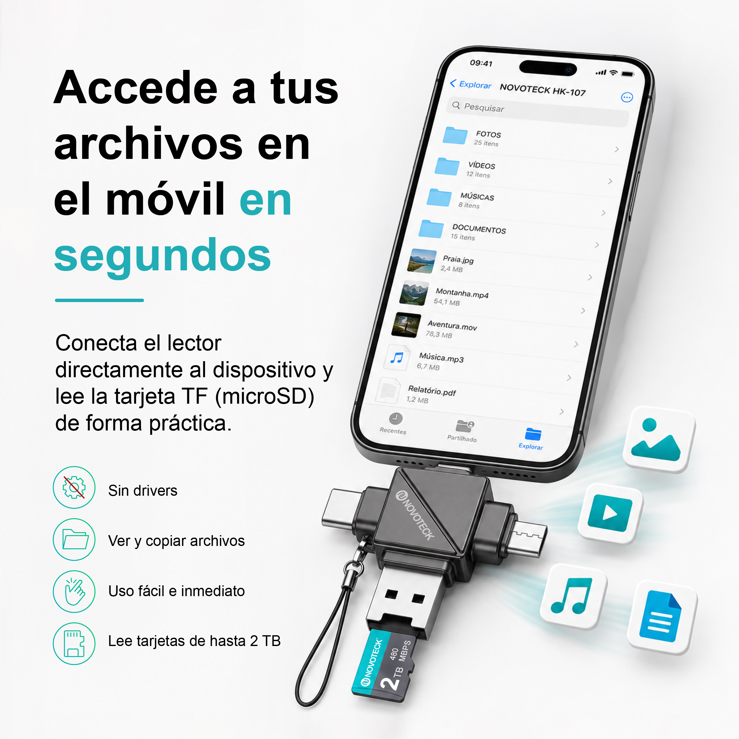 Un smartphone muestra un gestor de archivos con un lector de tarjetas Novoteck.