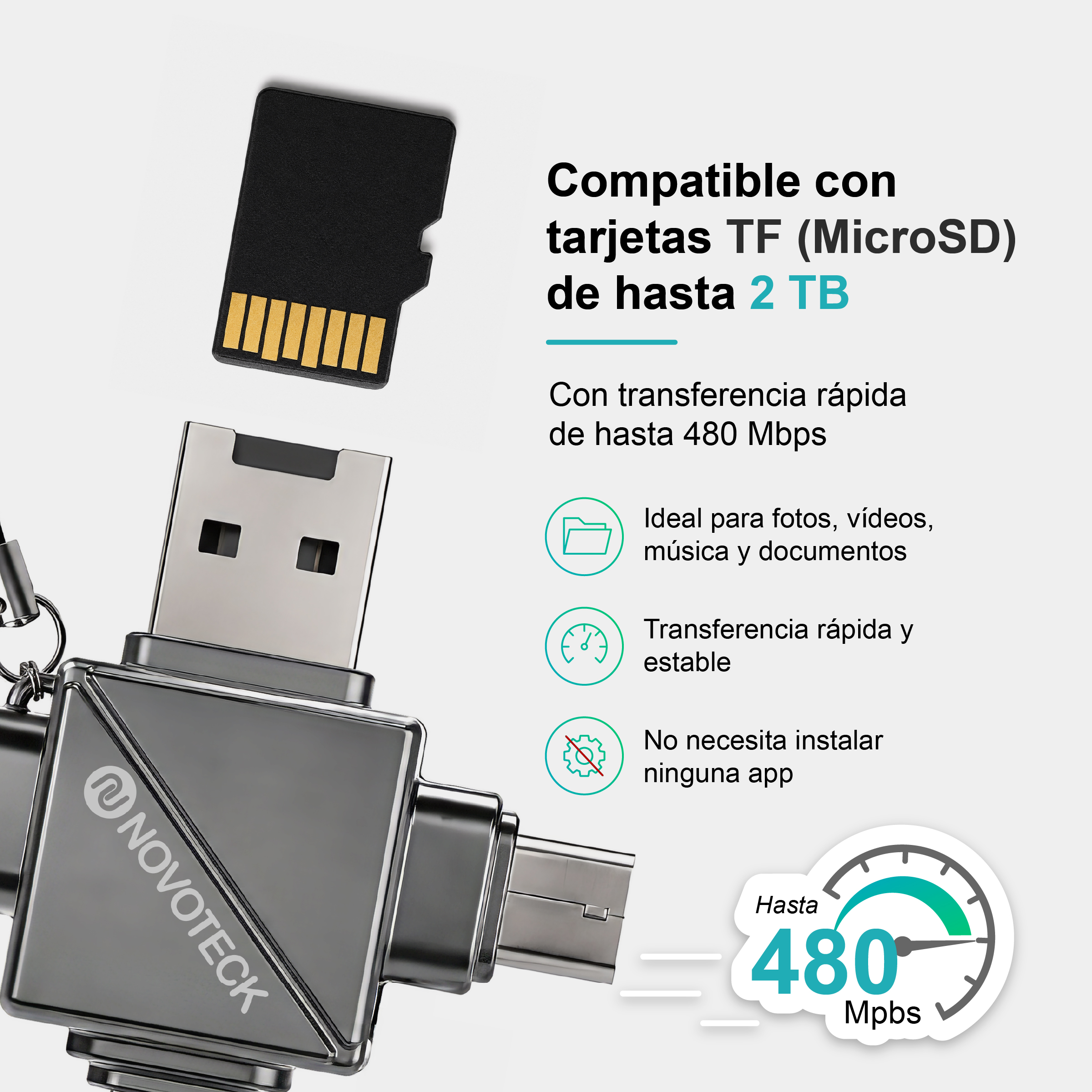 Un USB multifunción con ranura MicroSD, hasta 2TB, velocidad de 480 Mbps.