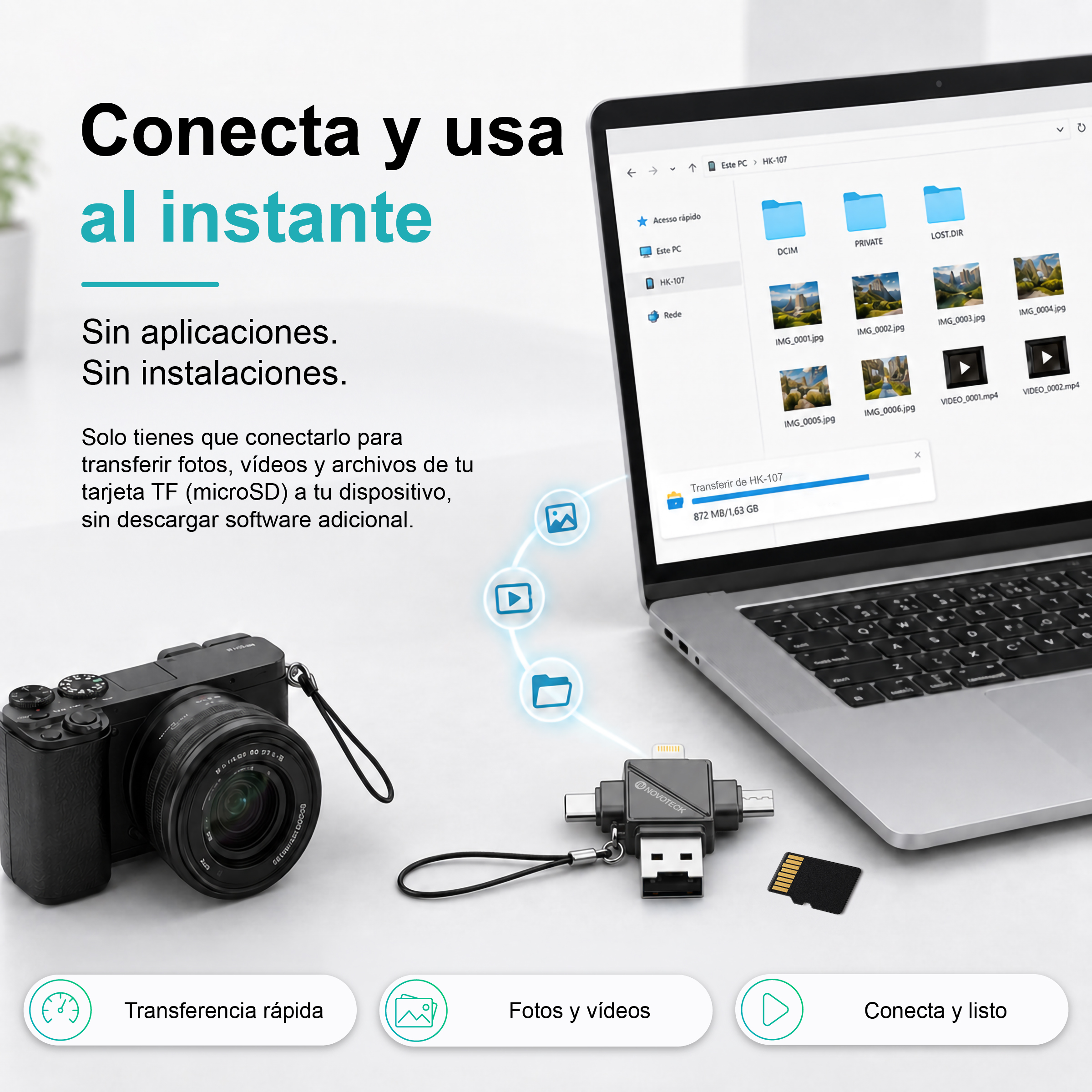 Cámara, portátil, lector de tarjetas y tarjeta SD para transferencia rápida.