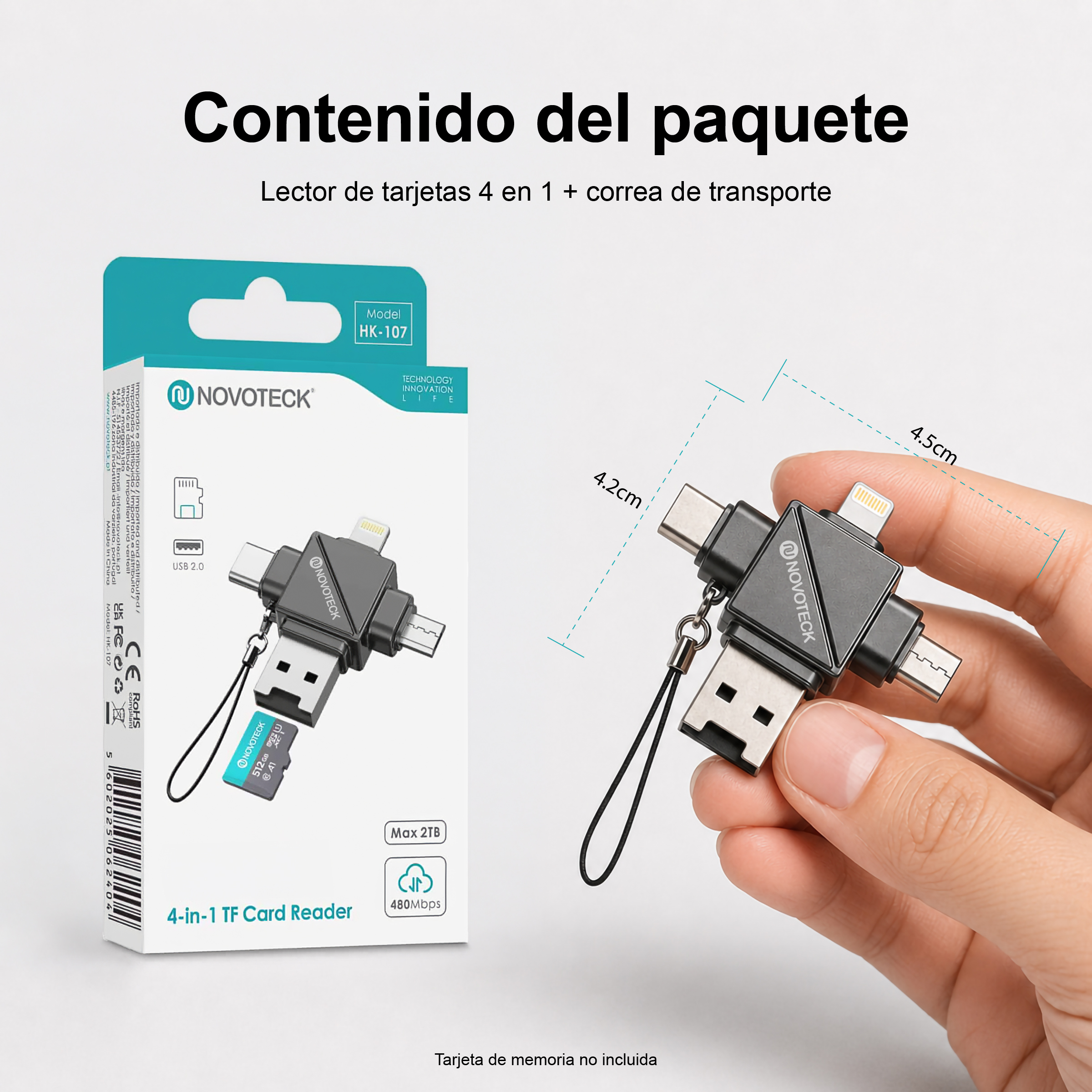 Un lector de tarjetas 4 en 1 de Novoteck con conectores USB, USB-C y Lightning.