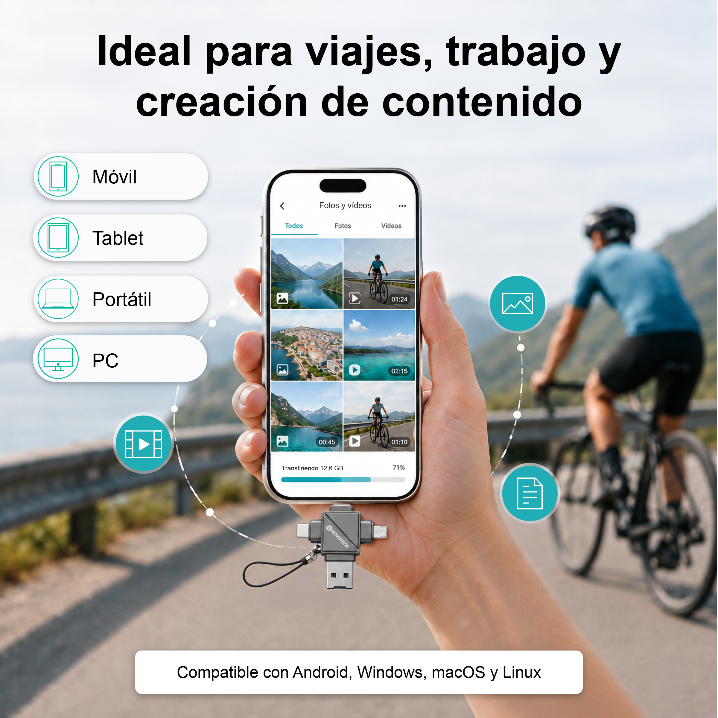 Un smartphone muestra fotos y videos, conectado a una unidad USB.