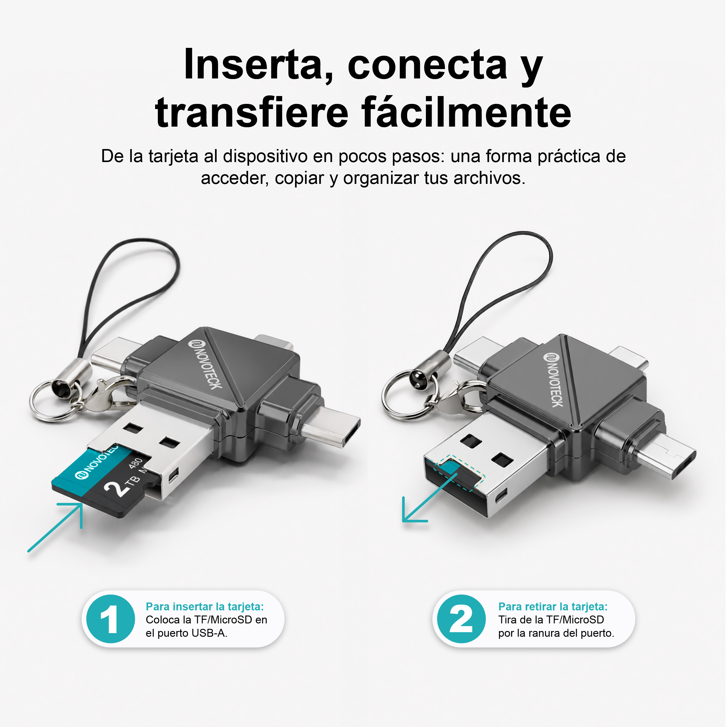 Un lector de tarjetas gris multifunción con conectores USB-A y USB-C.