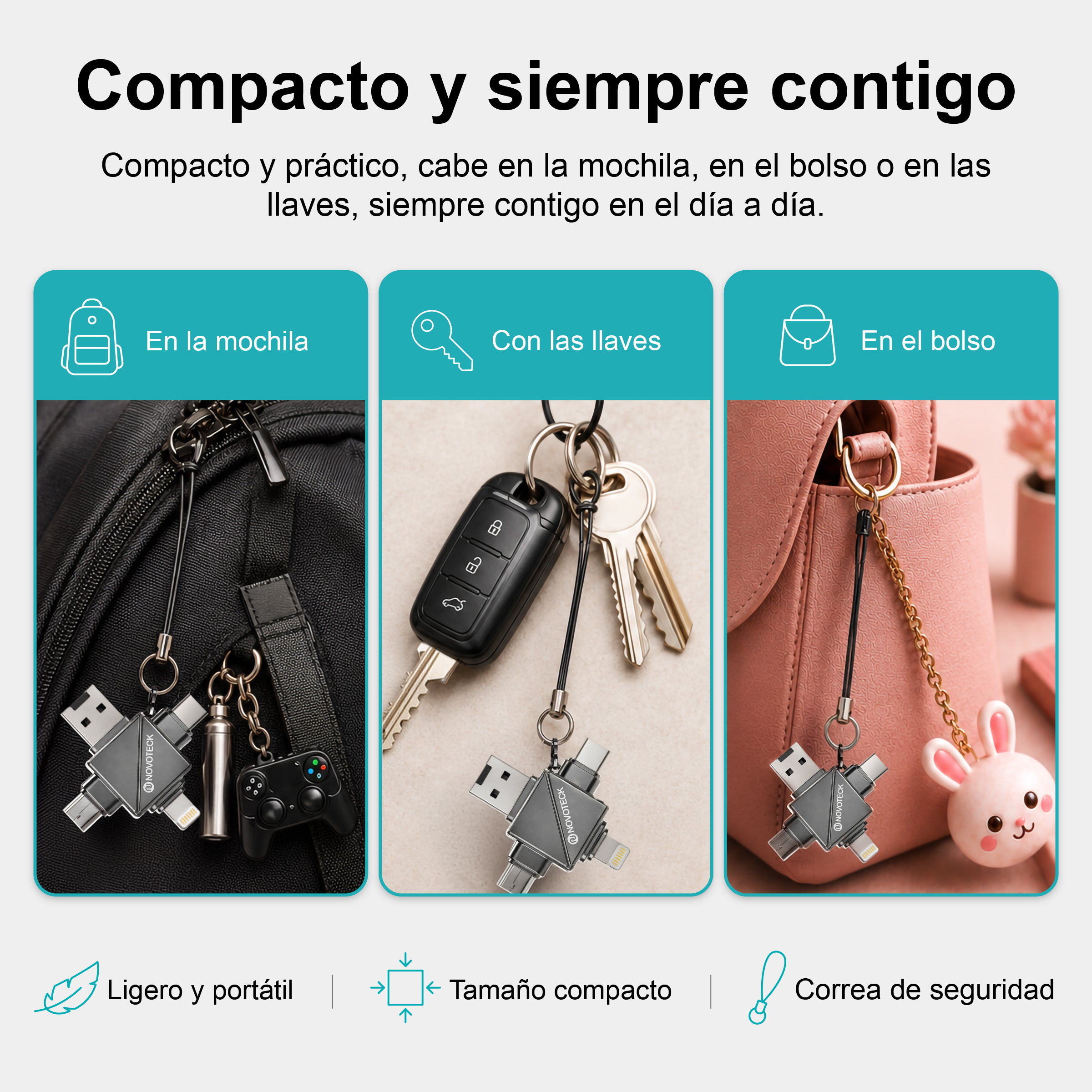 Un adaptador USB multipuerto en una mochila, llaves y bolso.