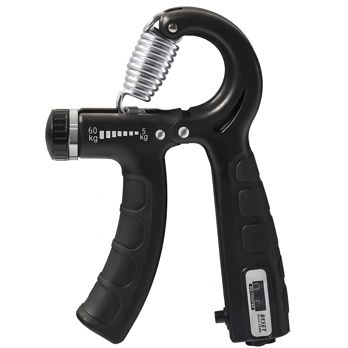 Schwarzer Handgriff-Stärker mit einstellbarem Widerstand und digitalem Zähler.