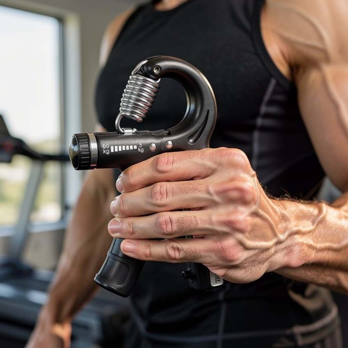 Ein Mann hält einen schwarzen Handtrainer mit Feder und Gewichtsanzeige.
