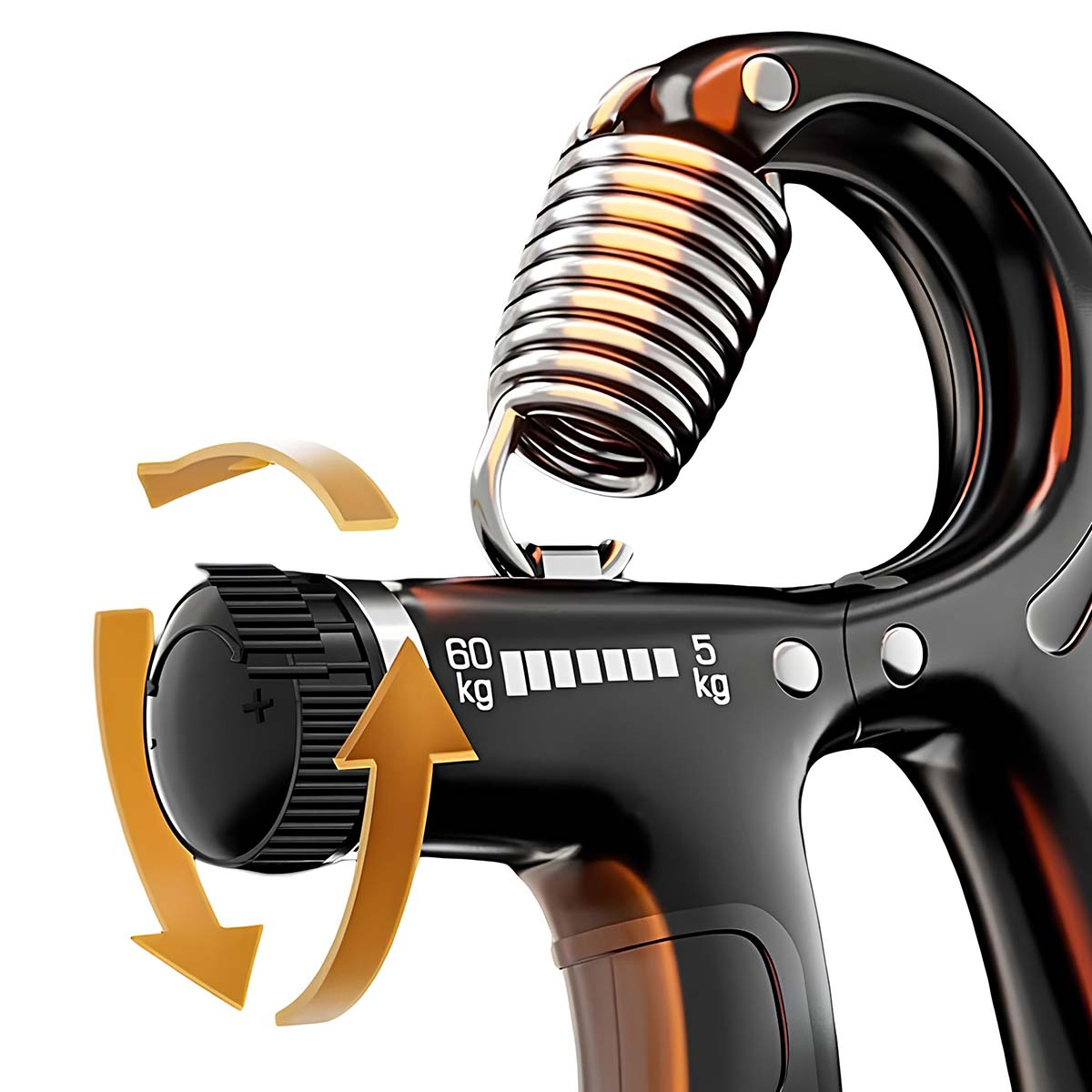 Schwarzer Handtrainer mit verstellbarem Widerstand und Feder.